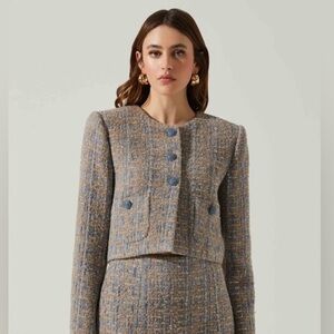 ASTR the Label Lyssa Wool Blend Cropped Tweed Blazer Women's XS Blue/Taupe